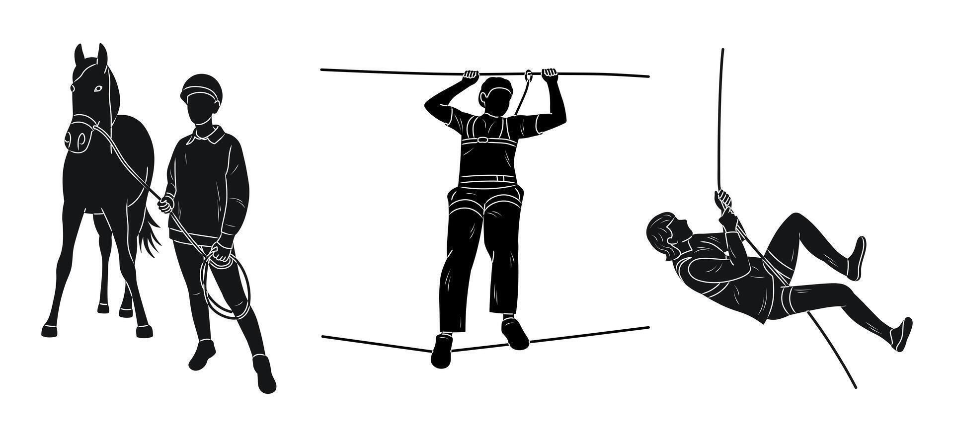 Violinist, fisherman, sports journalist, trophy, responder, silhouette sketch vector
