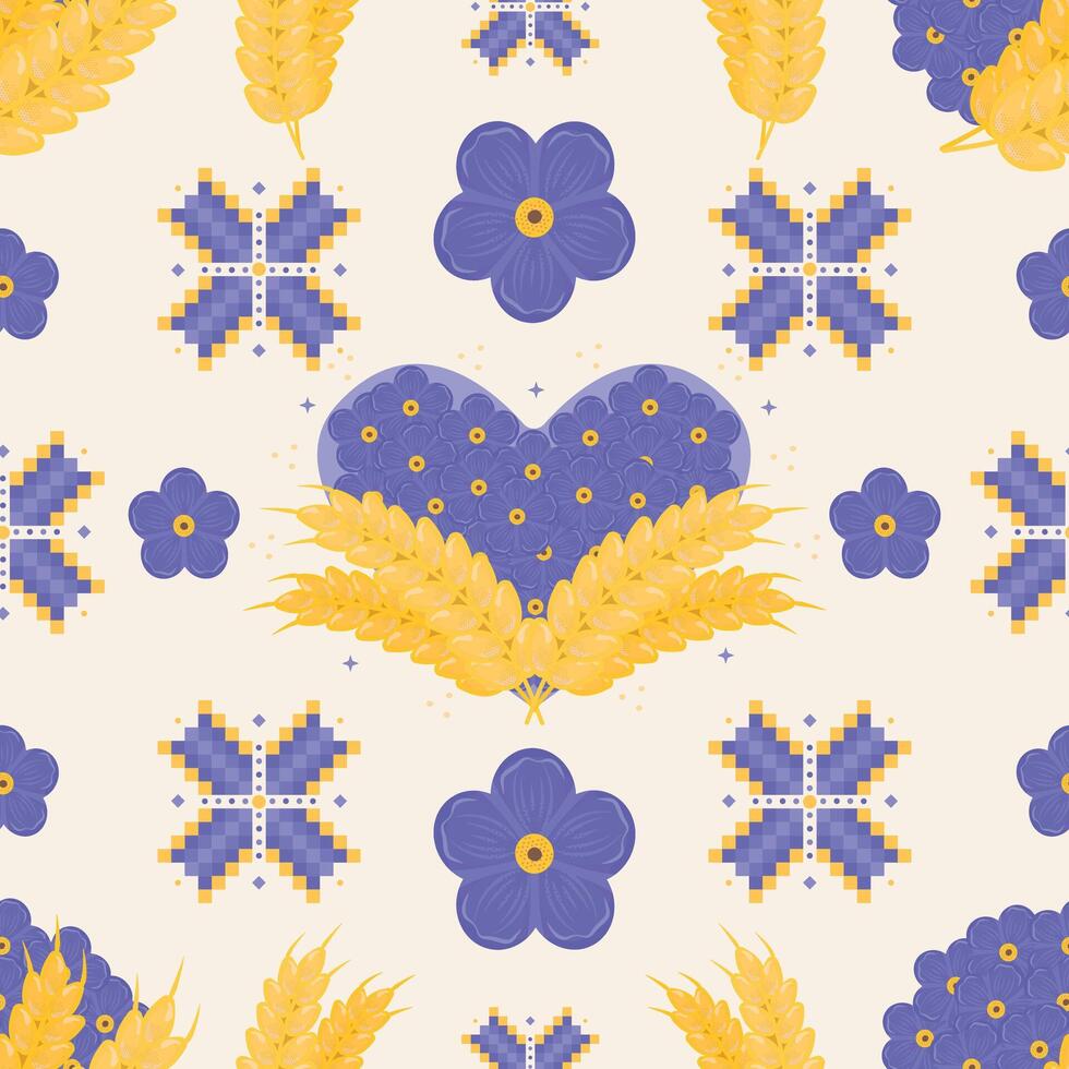 Bright blue and yellow seamless pattern in Ukrainian style, color repeat background. Blue flowers forget me not, national embroidery and ears of wheat vector