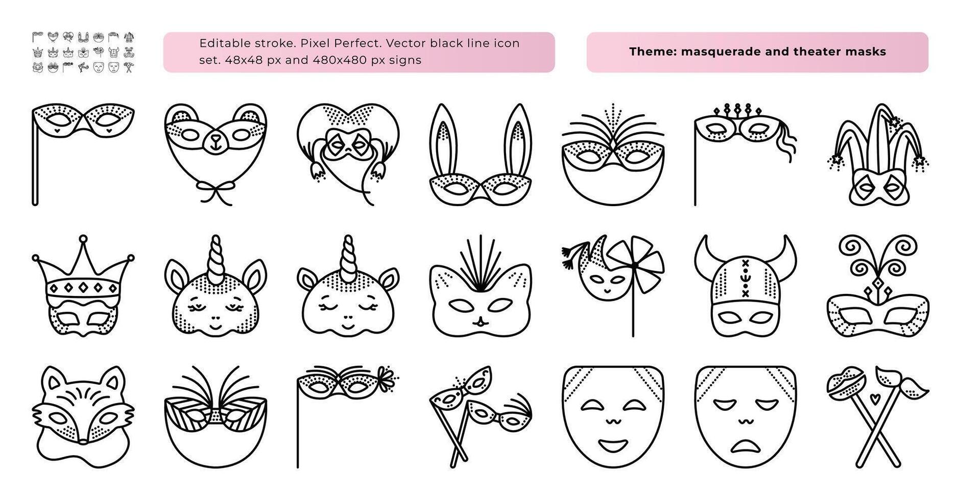 Masquerade masks black line icon set with dots, 21 monochrome signs, 48x48 px and 480x480 px symbols, editable stroke, pixel perfect vector