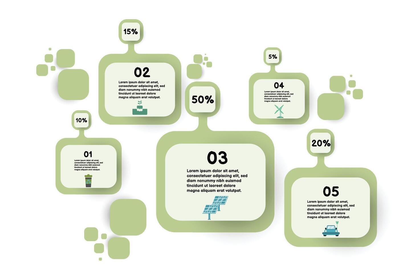 Infographic renewable energy template for energy consumption sustainable information presentation. suare and geometric elements. green modern workflow diagrams. Report plan 5 topics vector