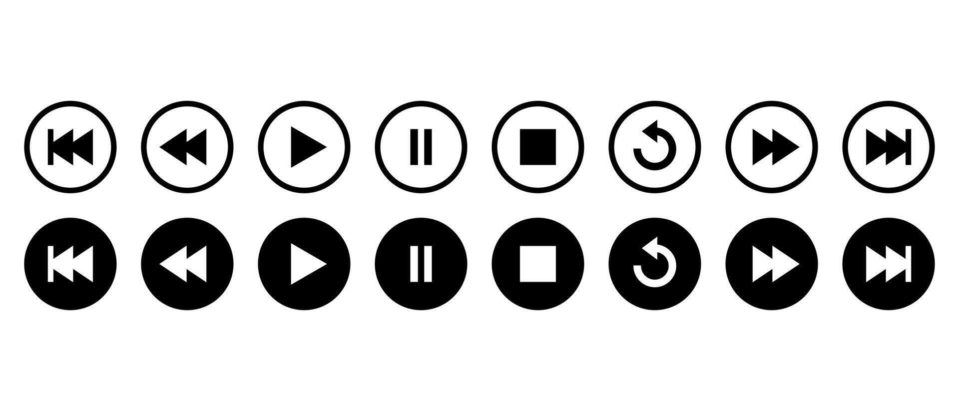 Play, pause, stop, repeat, previous and next icon on black circle. Media player control button vector