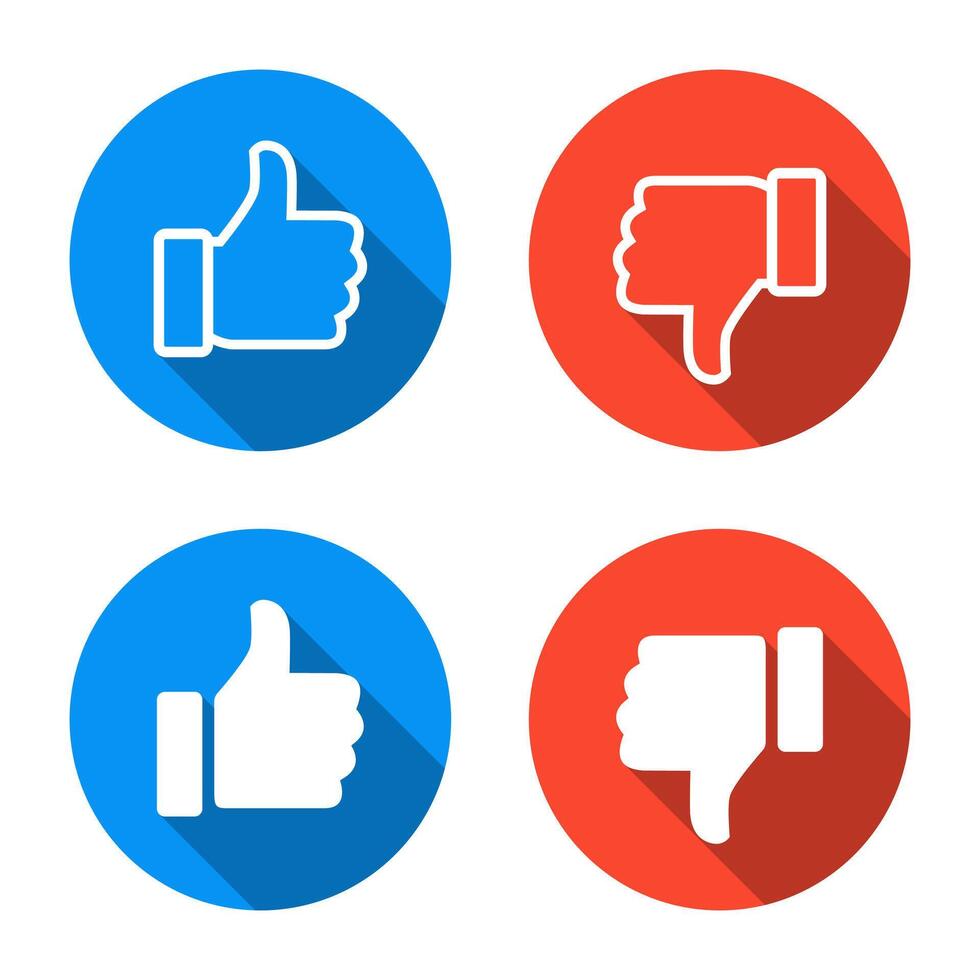 Like and dislike icon with long shadow. Thumb up and down in flat design vector