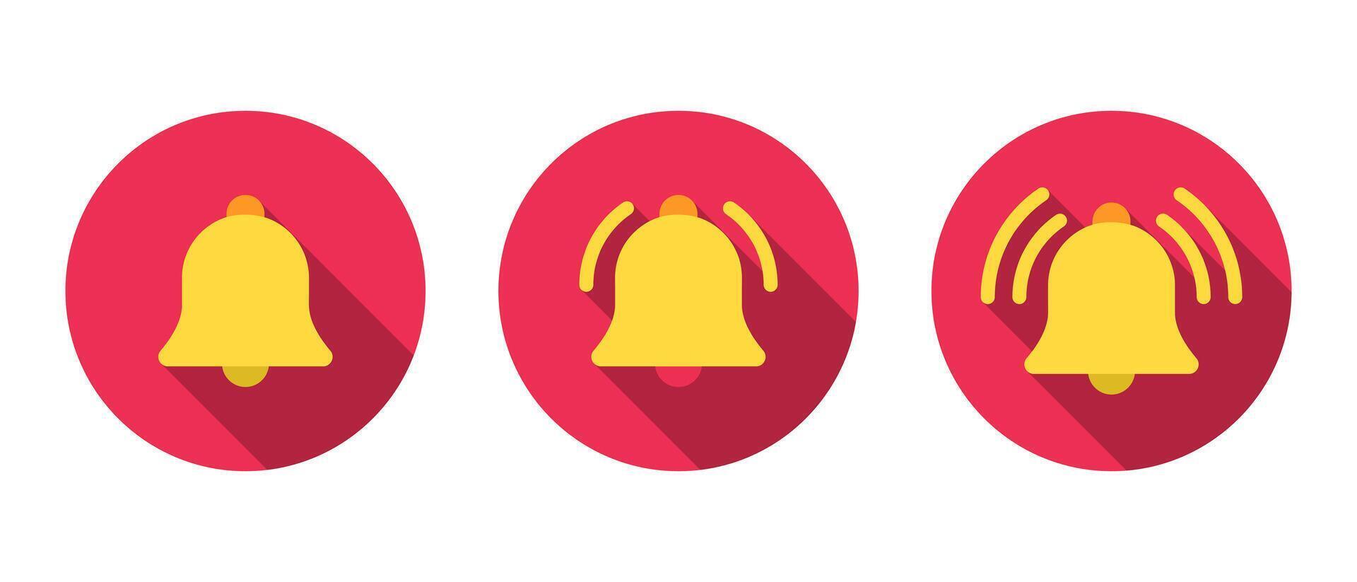 Ring bell icon set with long shadow. Notification alert sign symbol in flat design vector
