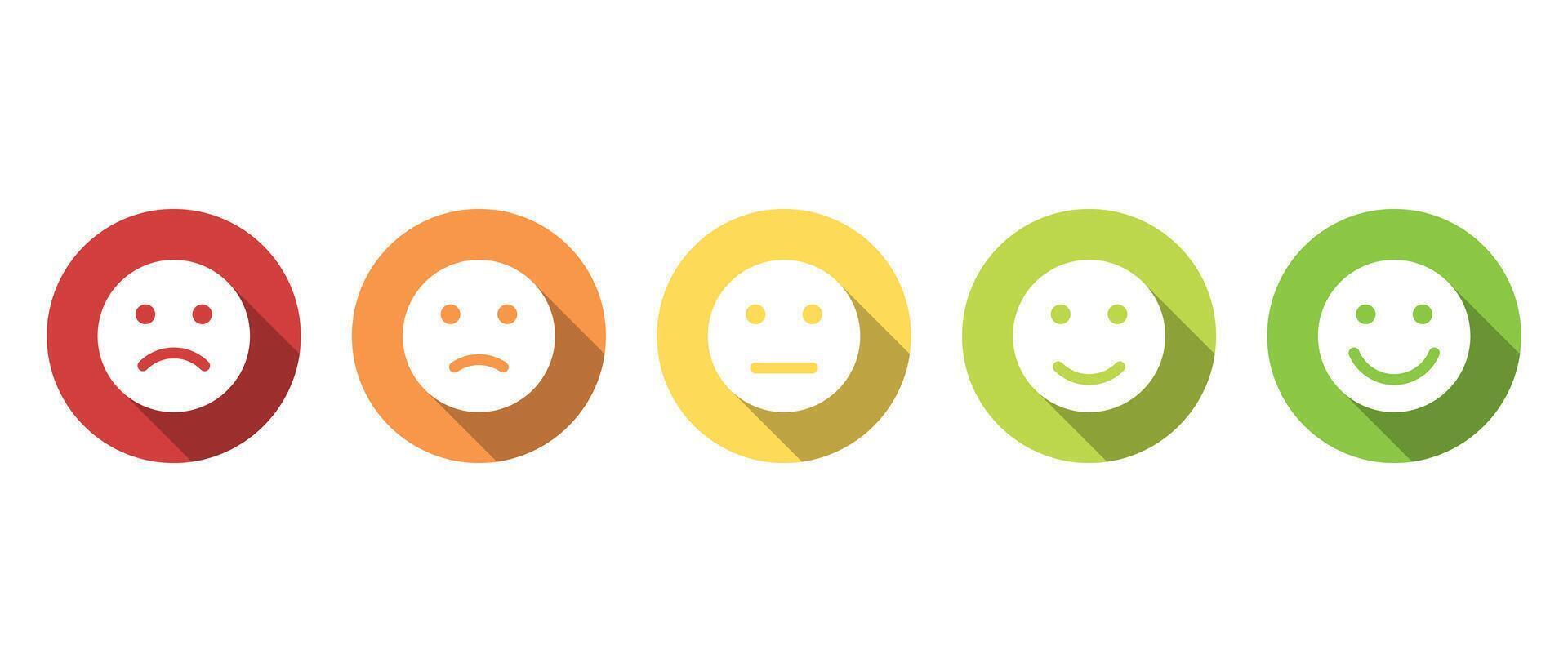 Feedback emoji icon with long shadow. Five facial level review concept vector