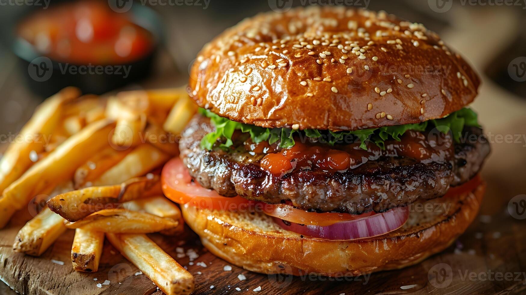 Mouthwatering Burger and Crisp French Fries Plated in Soft Natural Lighting photo