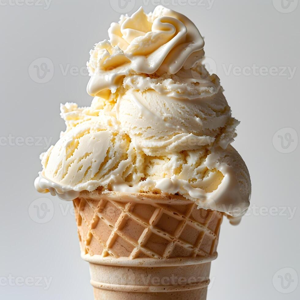 Exquisite Scoops of Artisanal Ice Cream Plated in a Sleek Dish on a Plain White Background photo