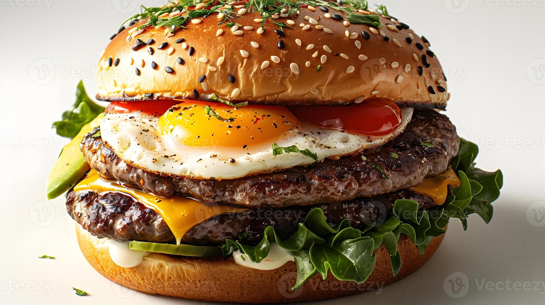 Mouthwatering Burger Topped with Fried Egg and Avocado in Soft Natural Light photo