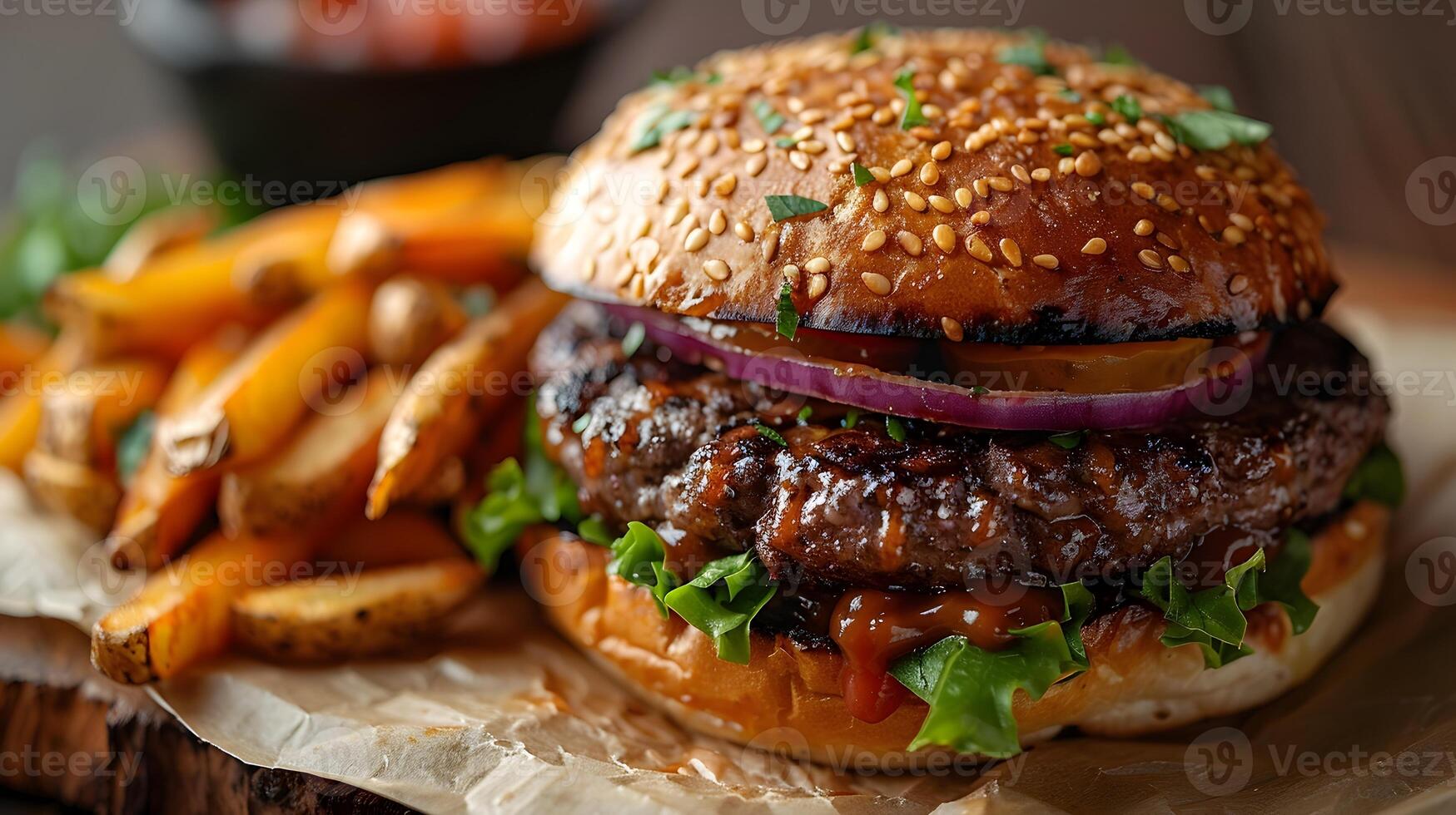 Mouthwatering Burger and Crispy Fries in Soft Natural Lighting photo