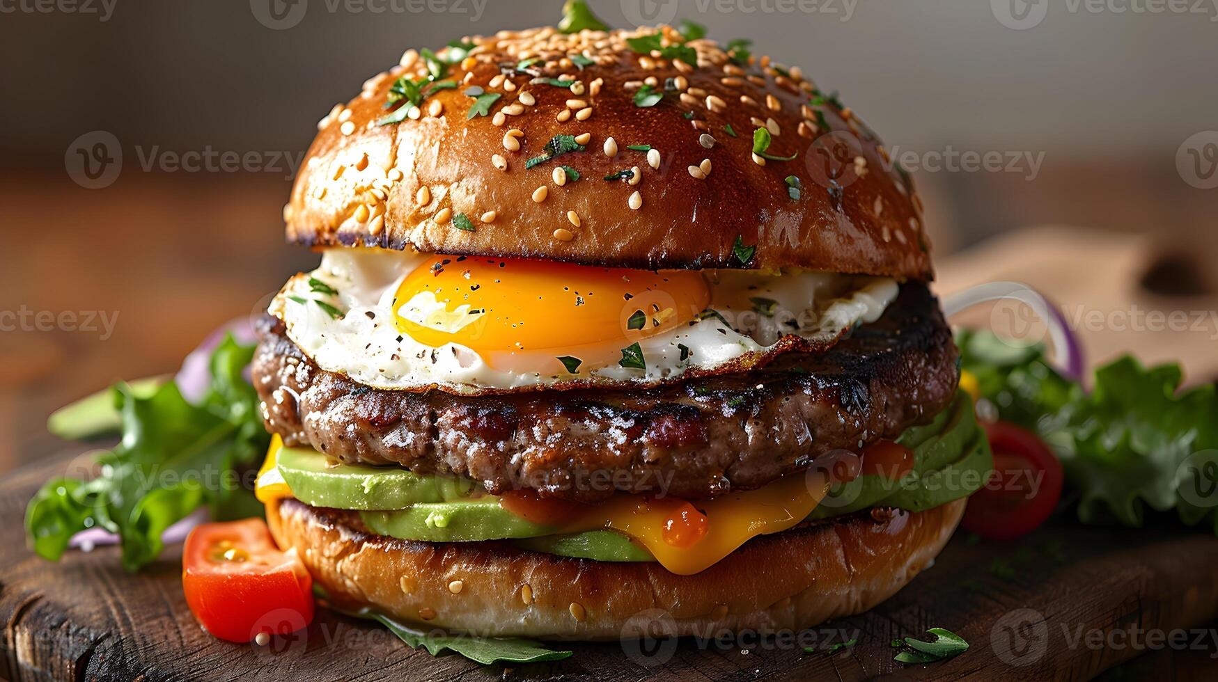 Mouthwatering Gourmet Burger Topped with Fried Egg and Avocado in Natural Lighting photo