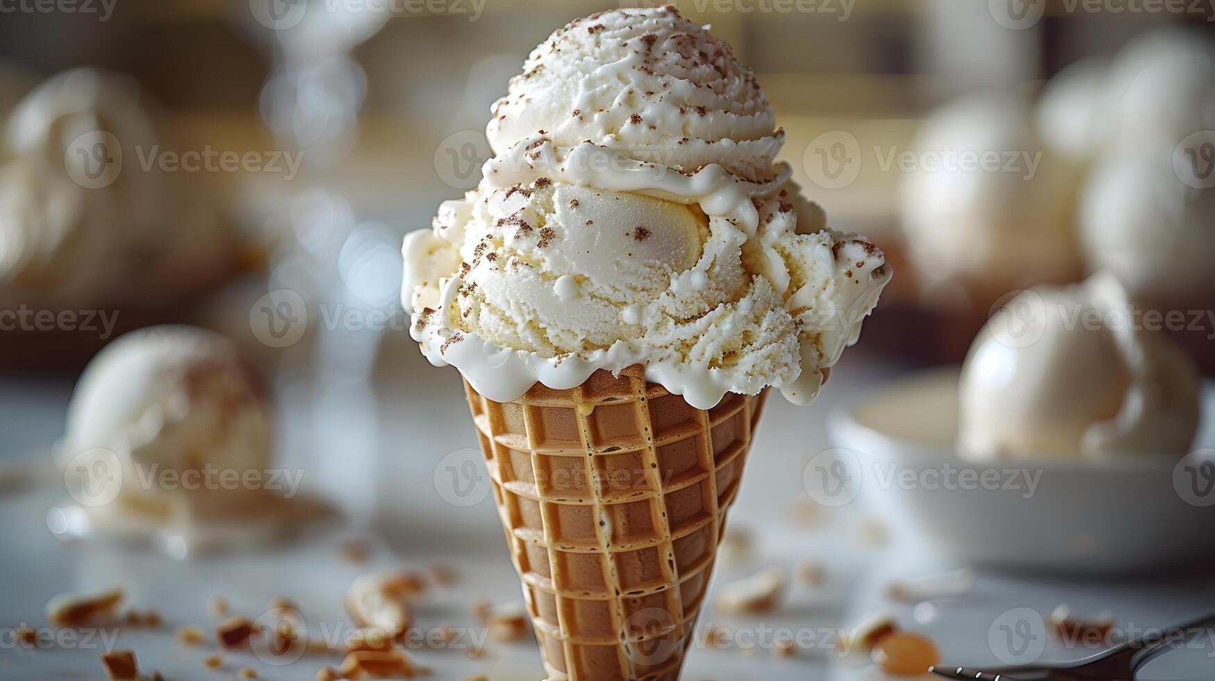 Scoop of Vanilla Ice Cream in Waffle Cone with Soft Diffused Lighting and High Contrast photo