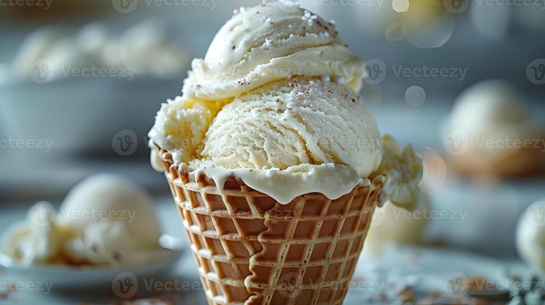 Delectable Vanilla Ice Cream Scoop in a Waffle Cone with Soft Elegant Lighting photo