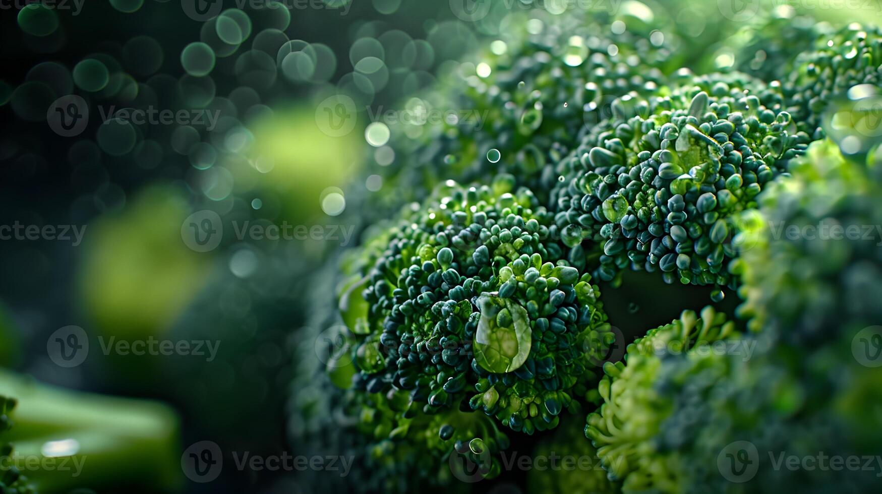 Close up Broccoli Floret with Glistening Water Droplets on Textured Dark Background photo