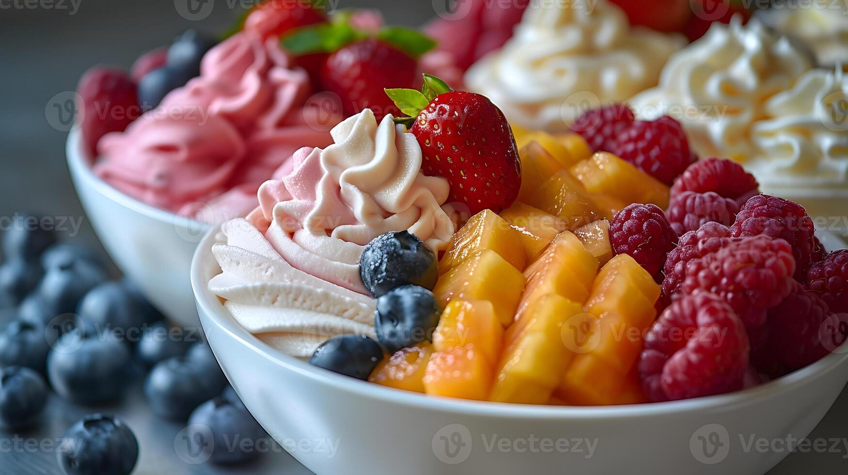 Luscious Ice Cream Dessert with Fresh Fruit Toppings in Soft Diffused Lighting photo