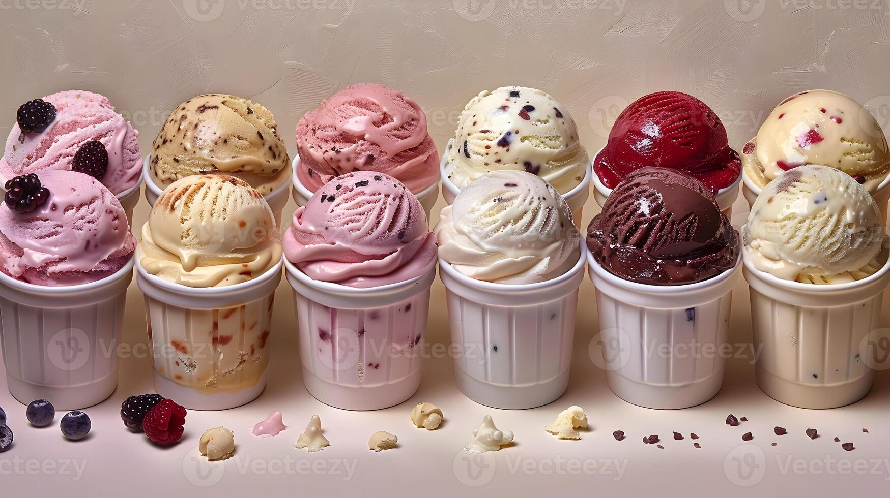 Assortment of Delectable Ice Cream Flavors in a Cozy Parlor Setting with Diffused Natural Lighting photo