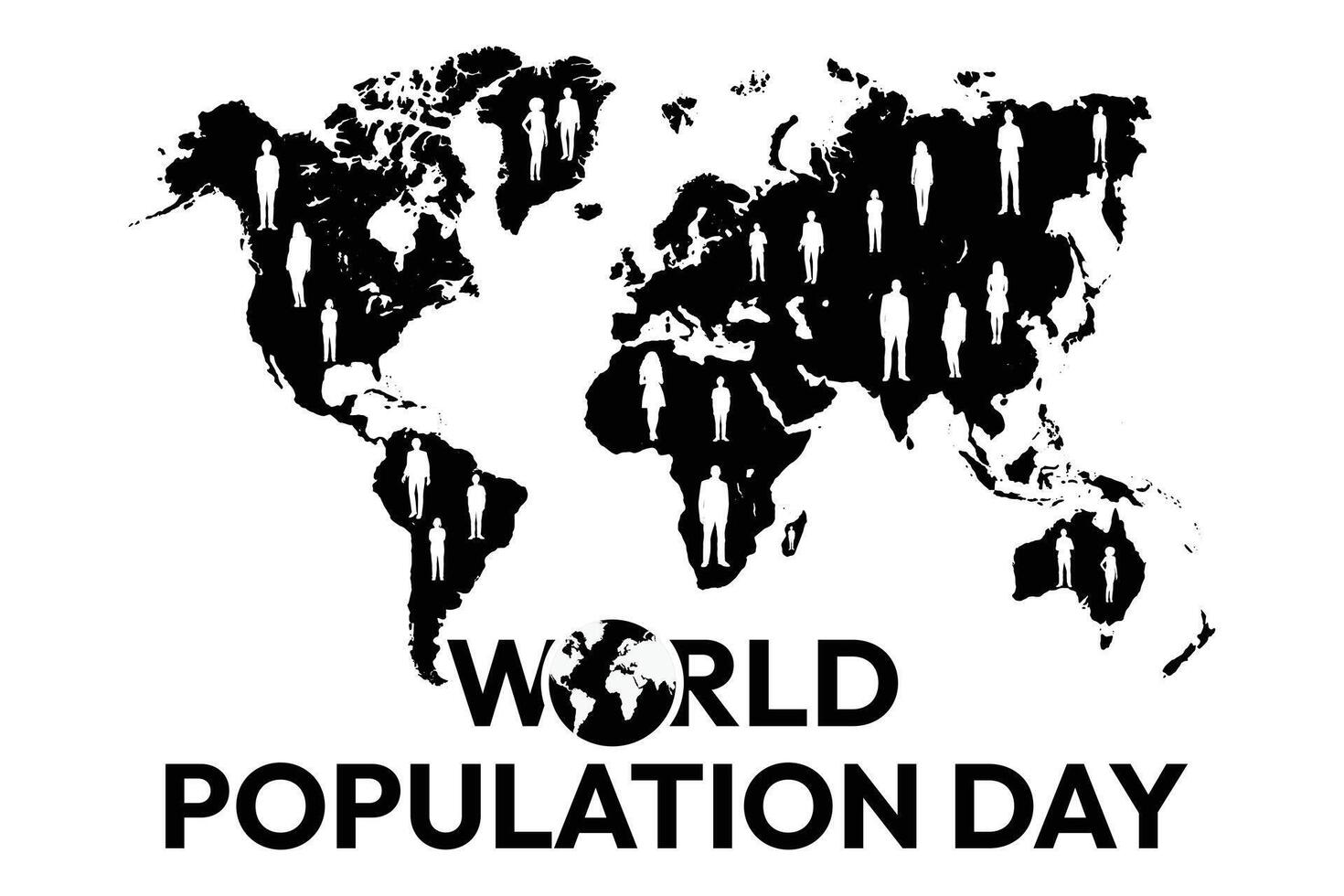 population, world population day black color illustration with world map and people on white background. vector