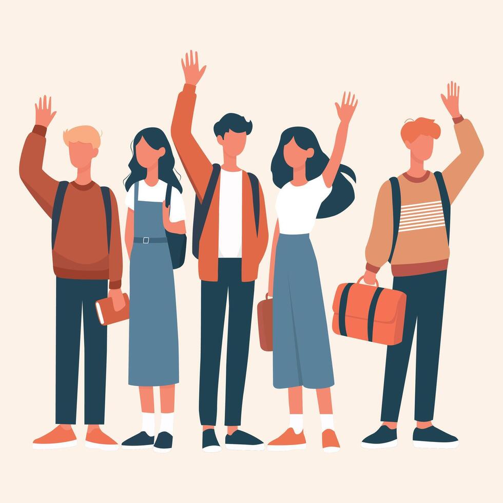 Flat illustration of a group of friends waving hands vector