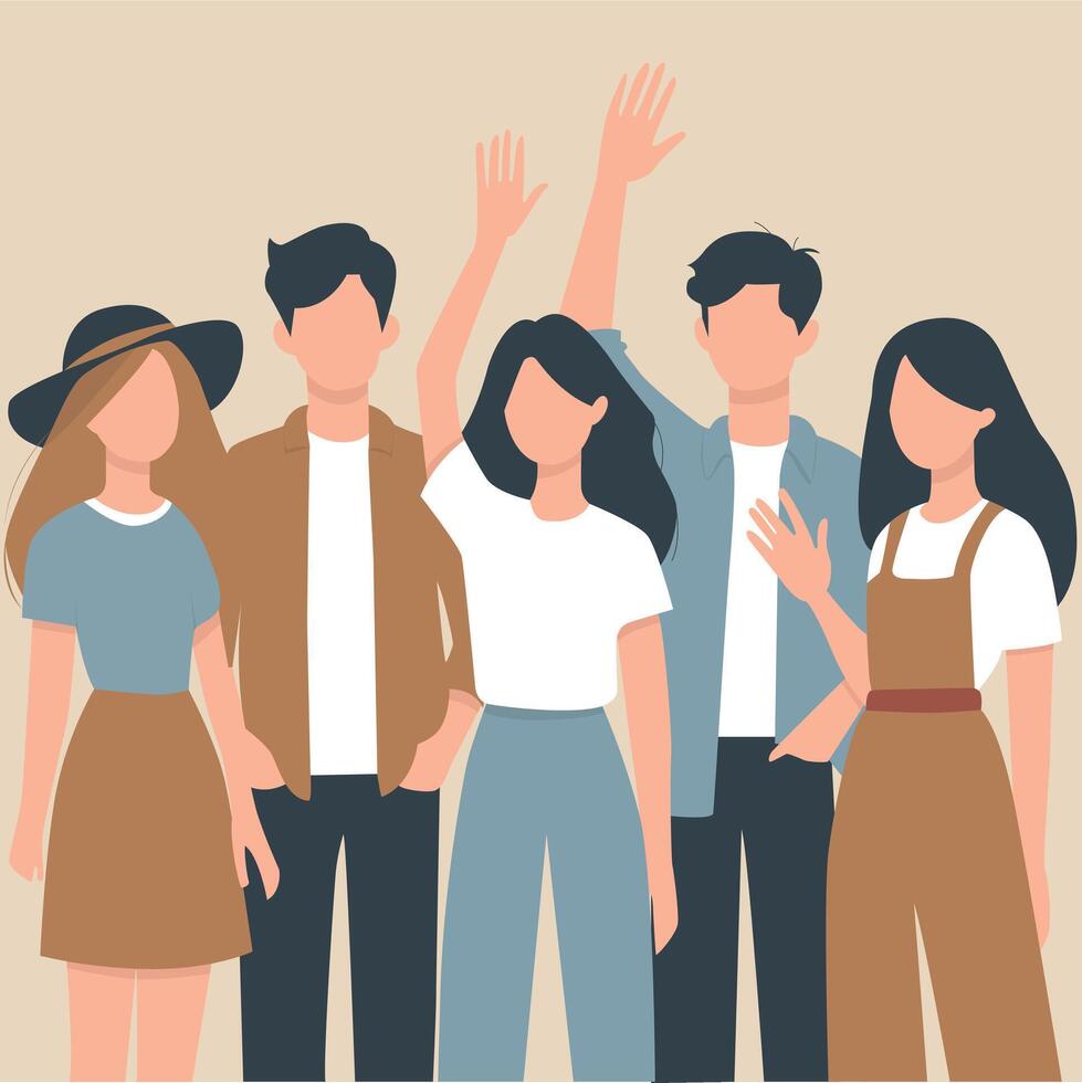 Flat illustration of a group of friends waving hands vector