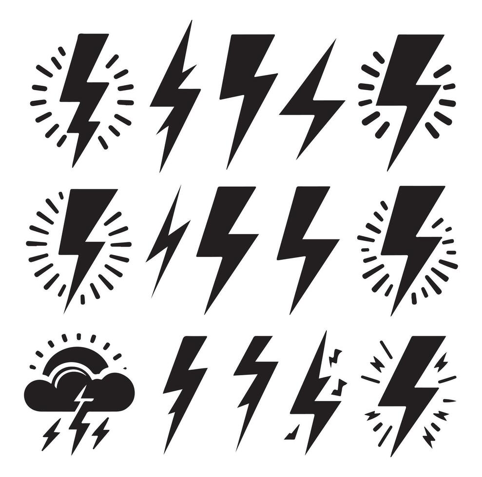 Lightning bolt icon set silhouette vector
