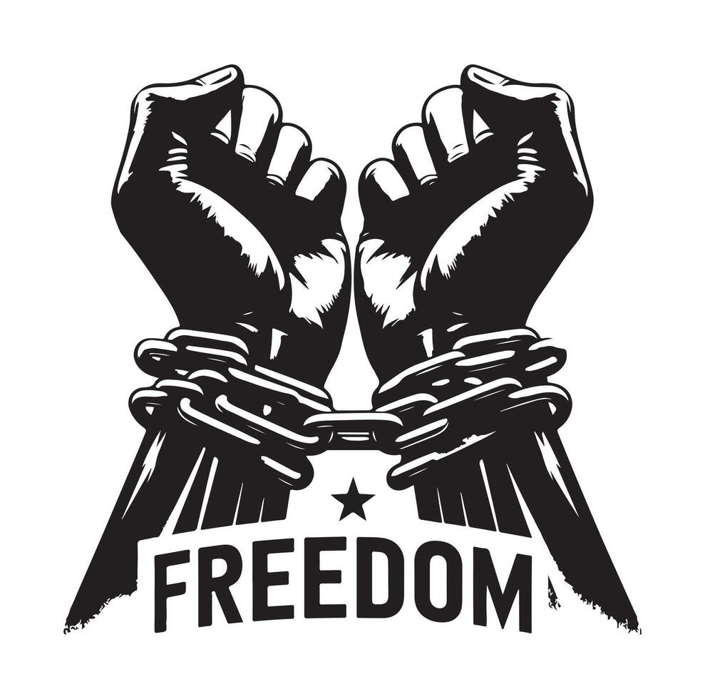 A pair of hands chained to a chain with the text words freedom illustration vector