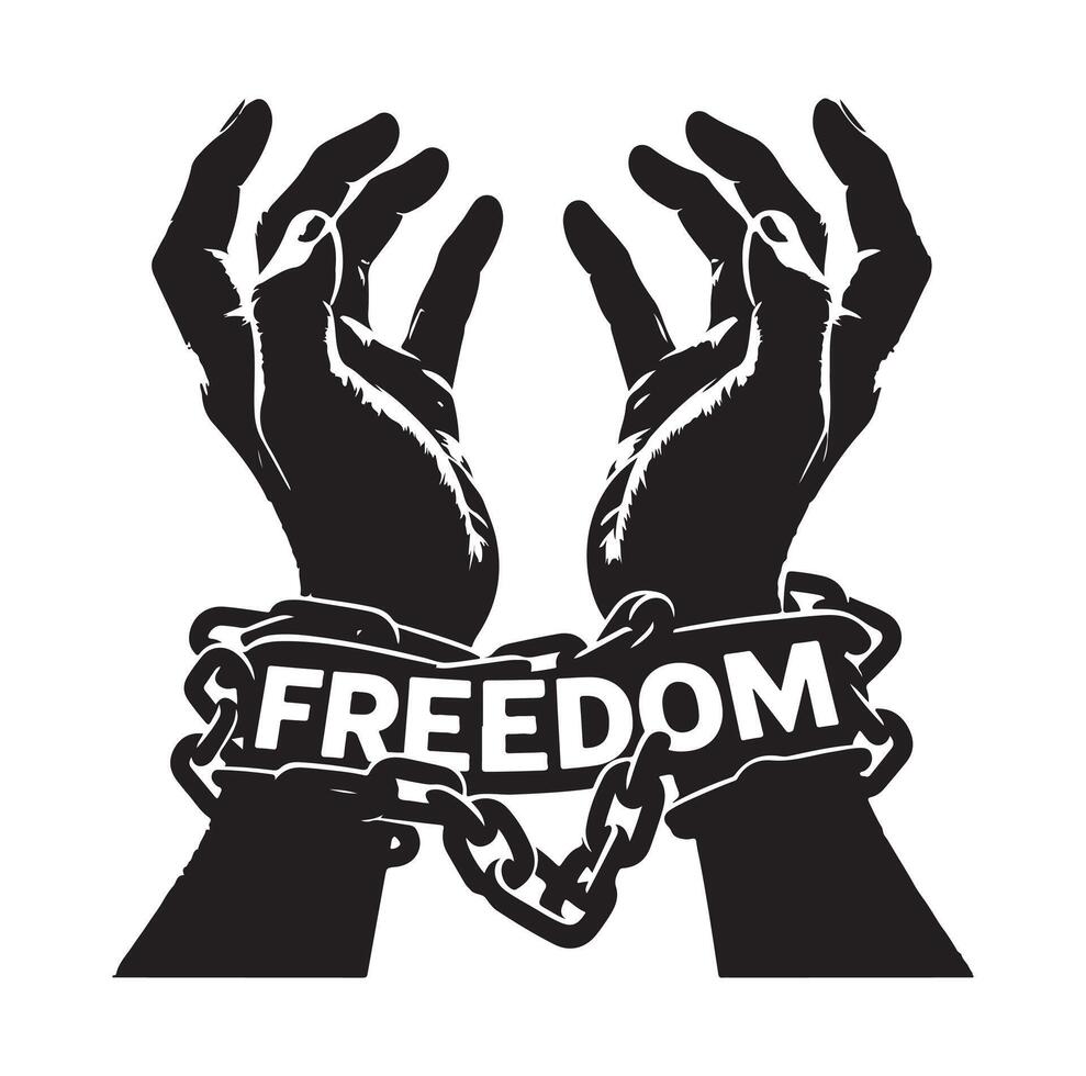 A pair of hands chained to a chain with the text words freedom illustration vector