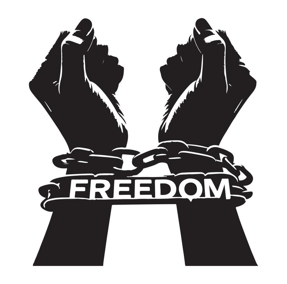A pair of hands chained to a chain with the text words freedom illustration vector