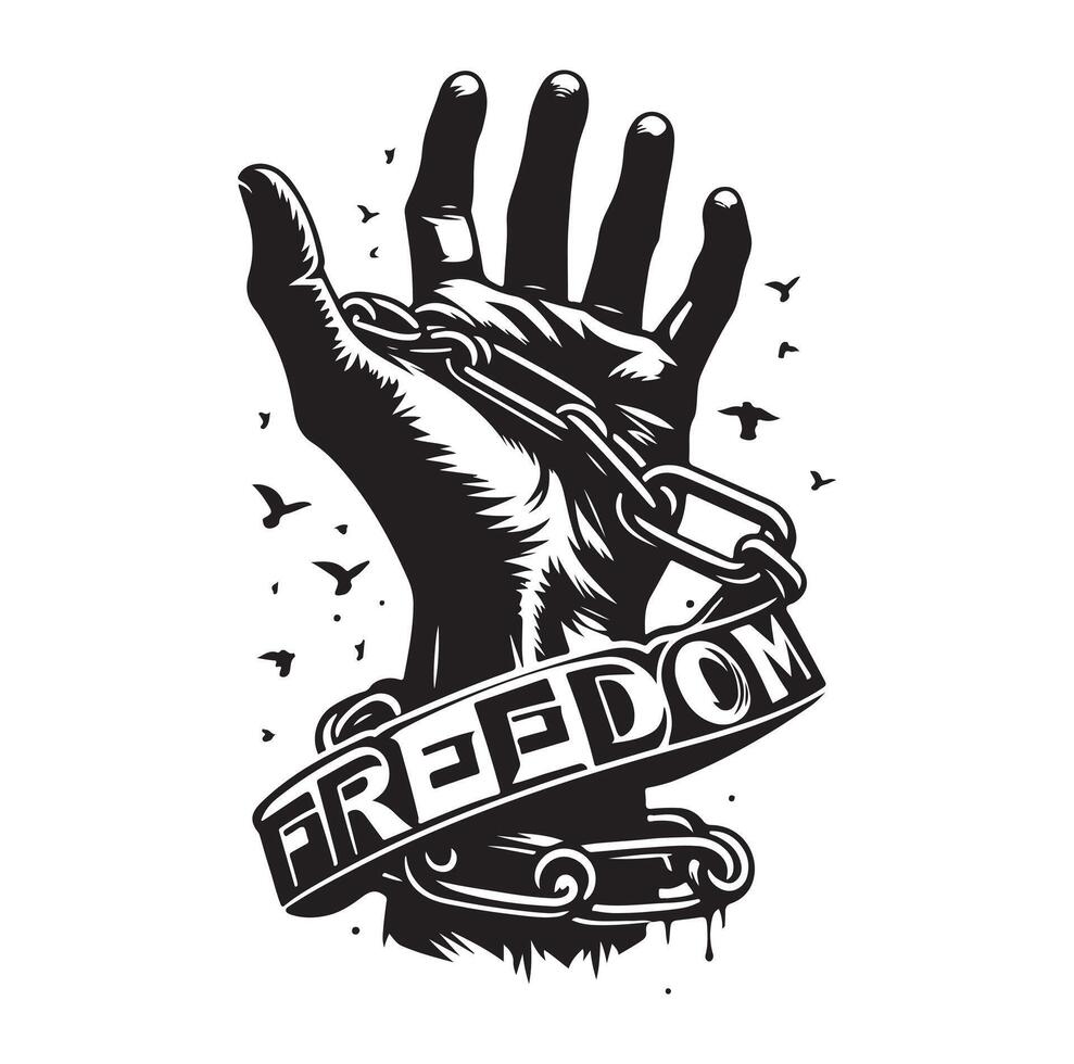 A pair of hands chained to a chain with the text words freedom illustration vector