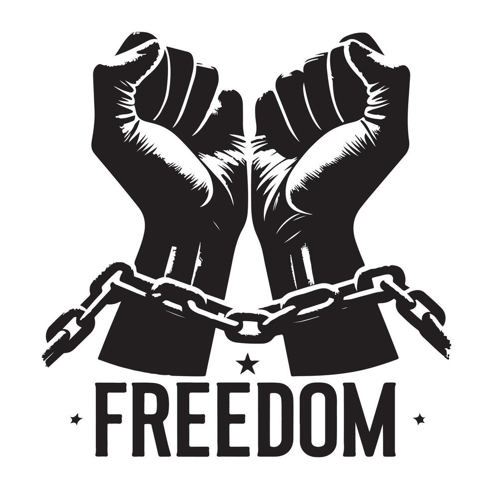 A pair of hands chained to a chain with the text words freedom illustration vector