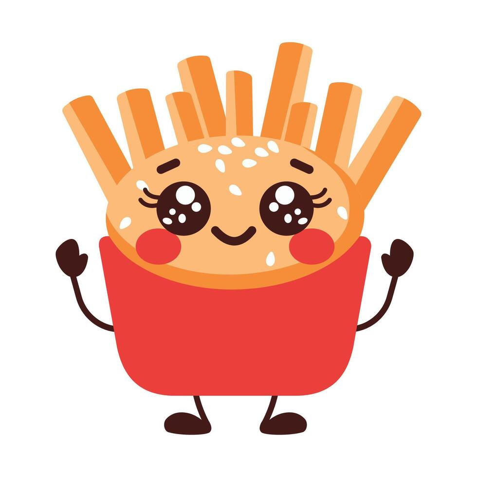 Cute French Fries Junk Food Cartoon Character with Happy Expression vector