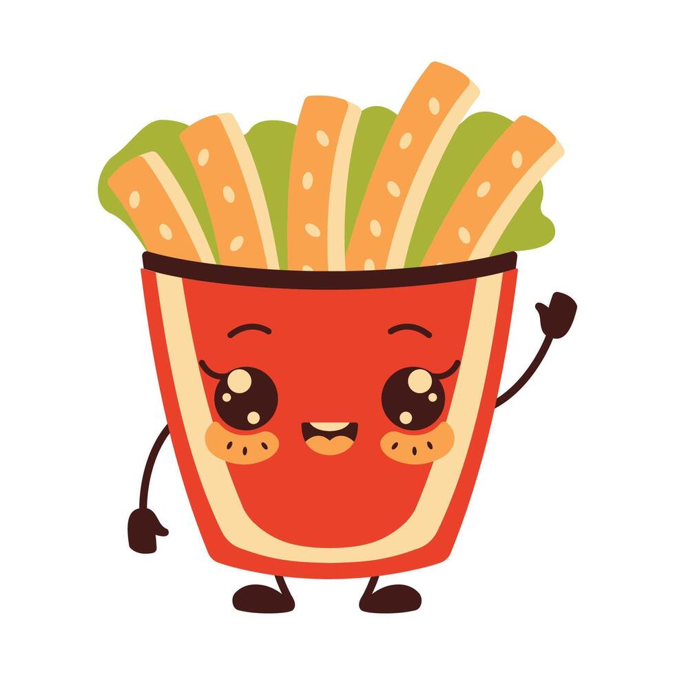 Cute French Fries Junk Food Cartoon Character with Happy Expression vector