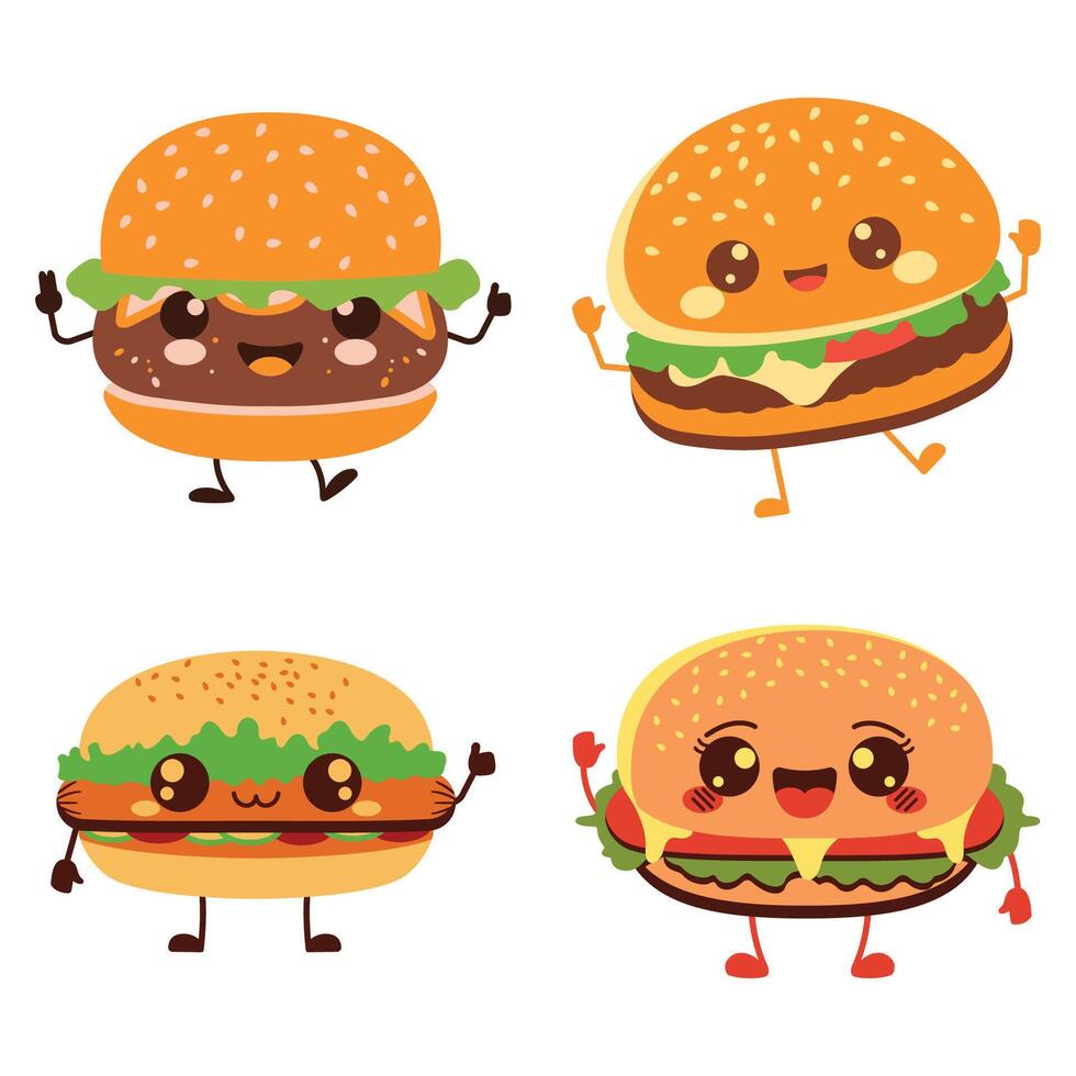 Cute Burger Hamburger Junk Food Cartoon Character with Happy Expression vector