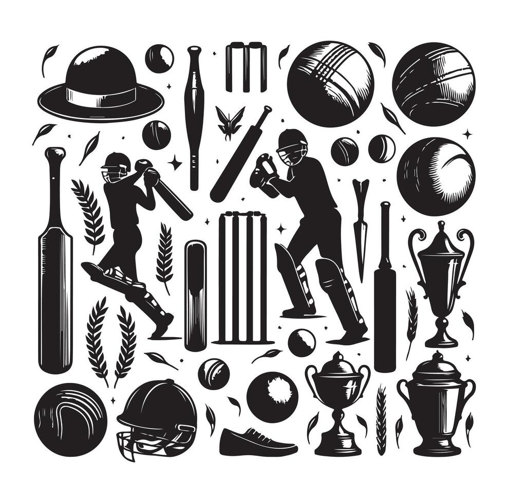 vintage cricket elements collection silhouette vector