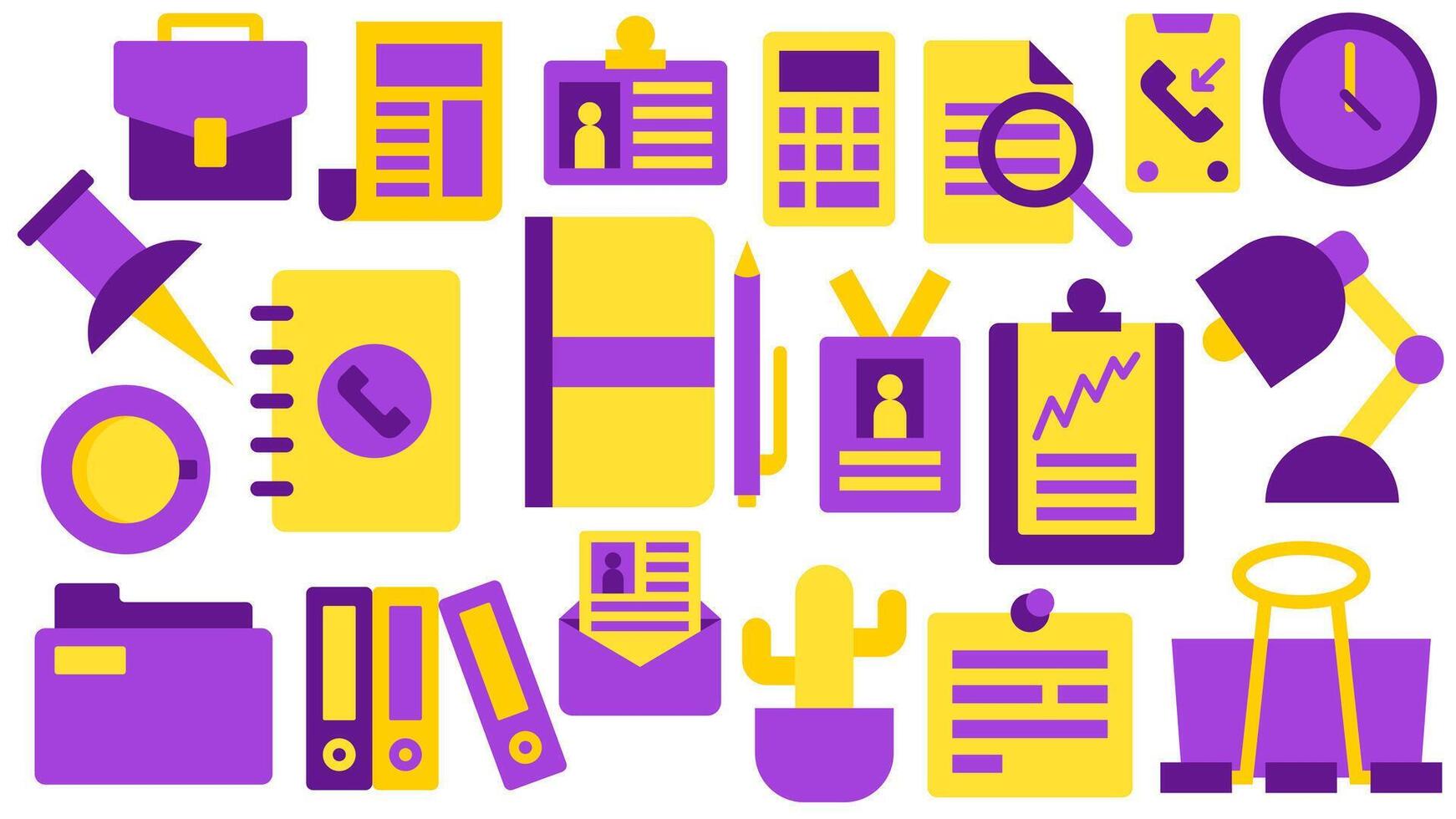 Office Work Job Elements - Bag Newspaper ID Identity Calculator Search Research Call Smartphone Coffee Clock Pin Contact Book Note Pen Desk Lamp Plant Cactus Notepad Folder Application Bulldog Clip vector