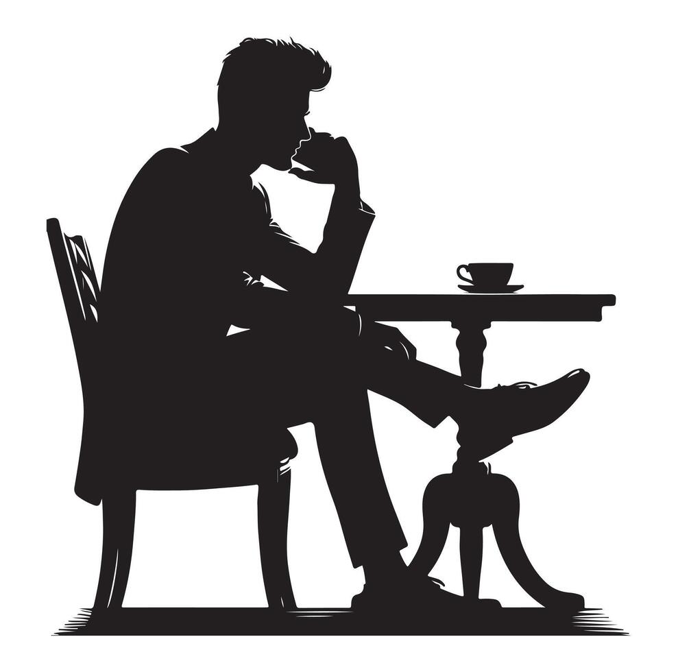 A man sitting at a table talking on a cell phone silhouette black vector