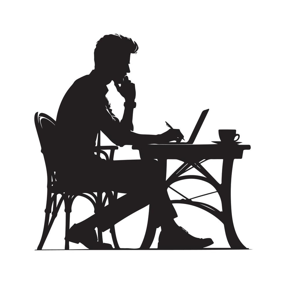A man sitting at a table talking on a cell phone silhouette black vector
