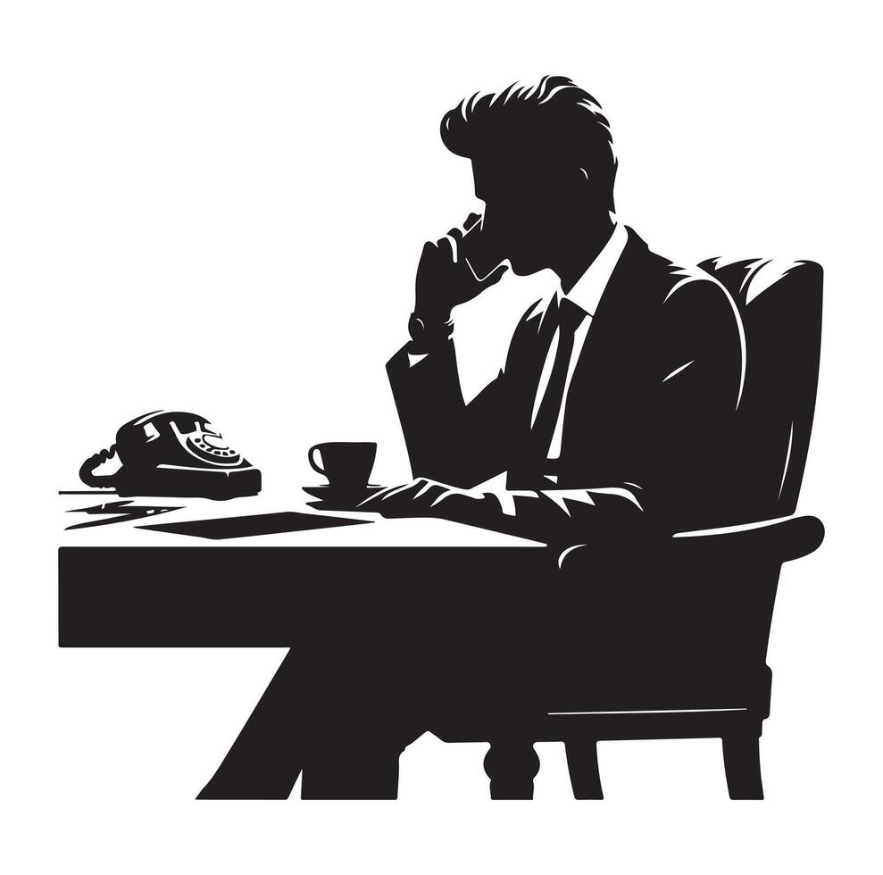 A man sitting at a table talking on a cell phone silhouette black vector