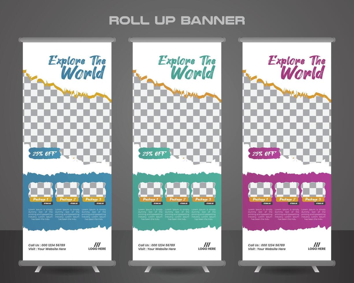 Explore and travel the world roll up banner template vector