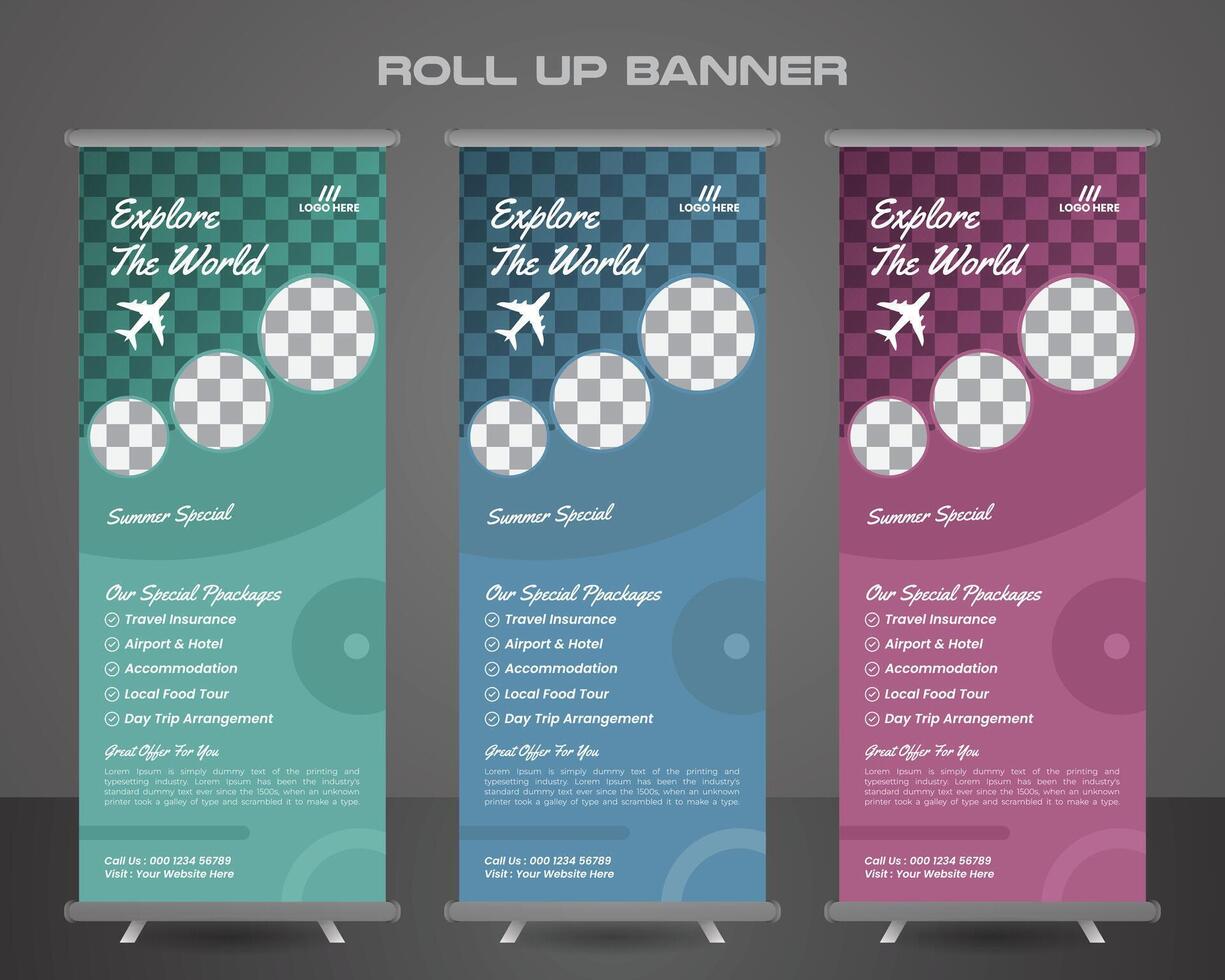 Explore and travel the world roll up banner template vector