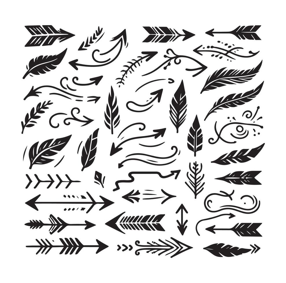 set of hand drawn arrows silhouette collection vector