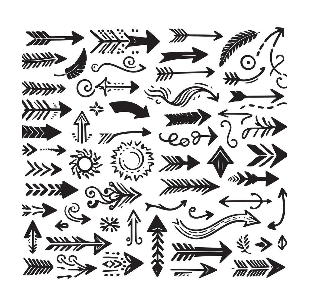 set of hand drawn arrows silhouette collection vector