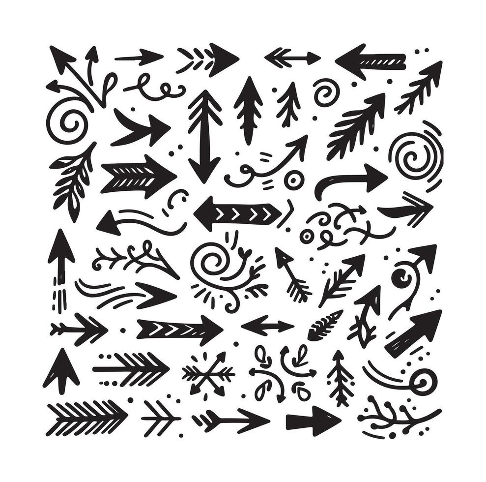 set of hand drawn arrows silhouette collection vector