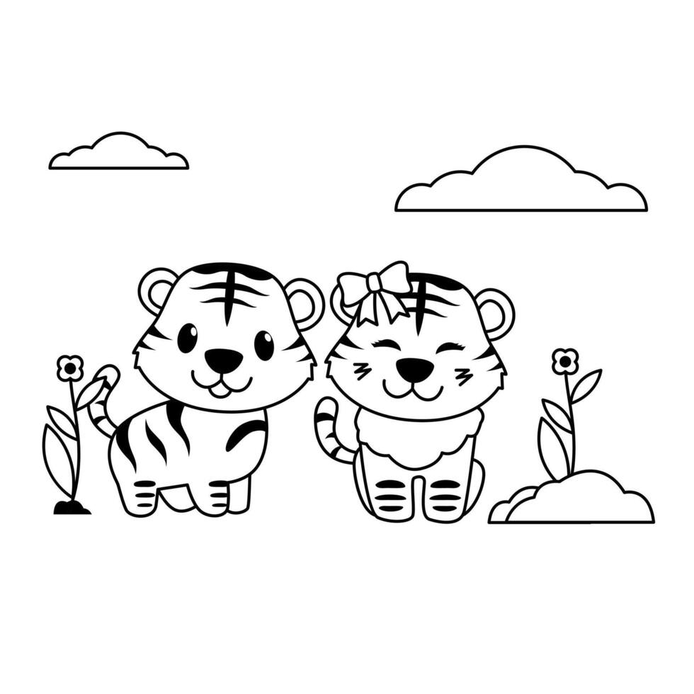 cute tiger boy and girl outline style vector