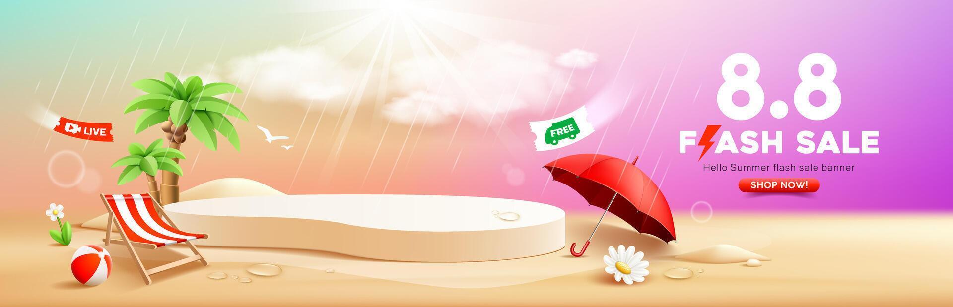 Summer sale, podium display, coconut trees, pile of sand, red umbrella, beach chair and beach ball, banner design, on cloud and sky colorful background vector