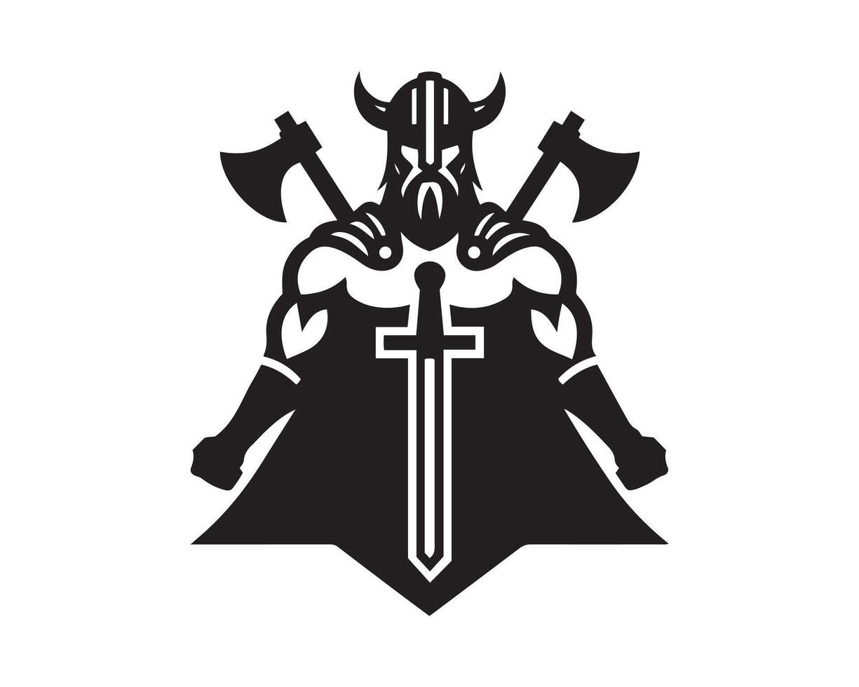 a black and white logo of a viking with two axes vector