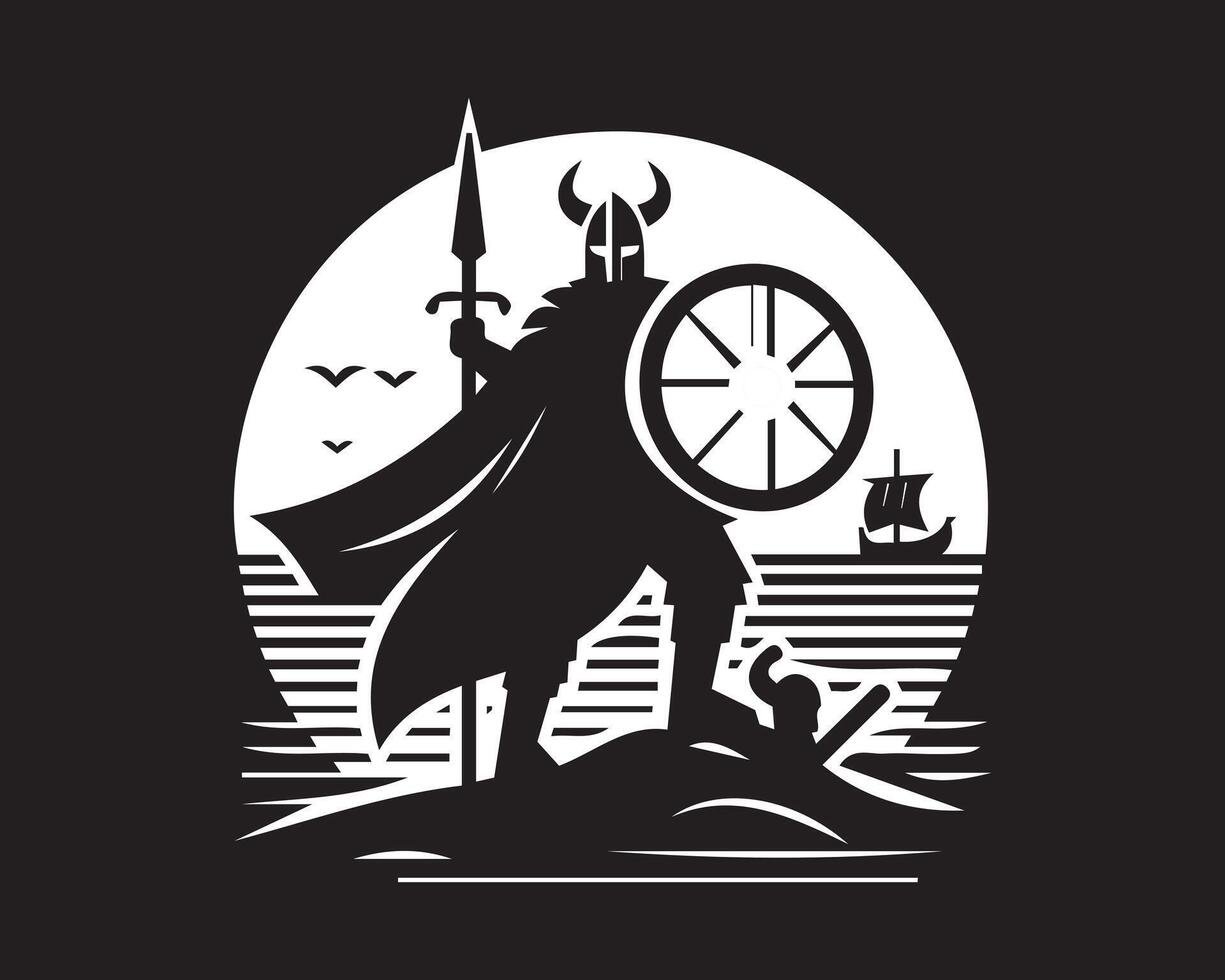 viking warrior with sword and shield on the beach vector