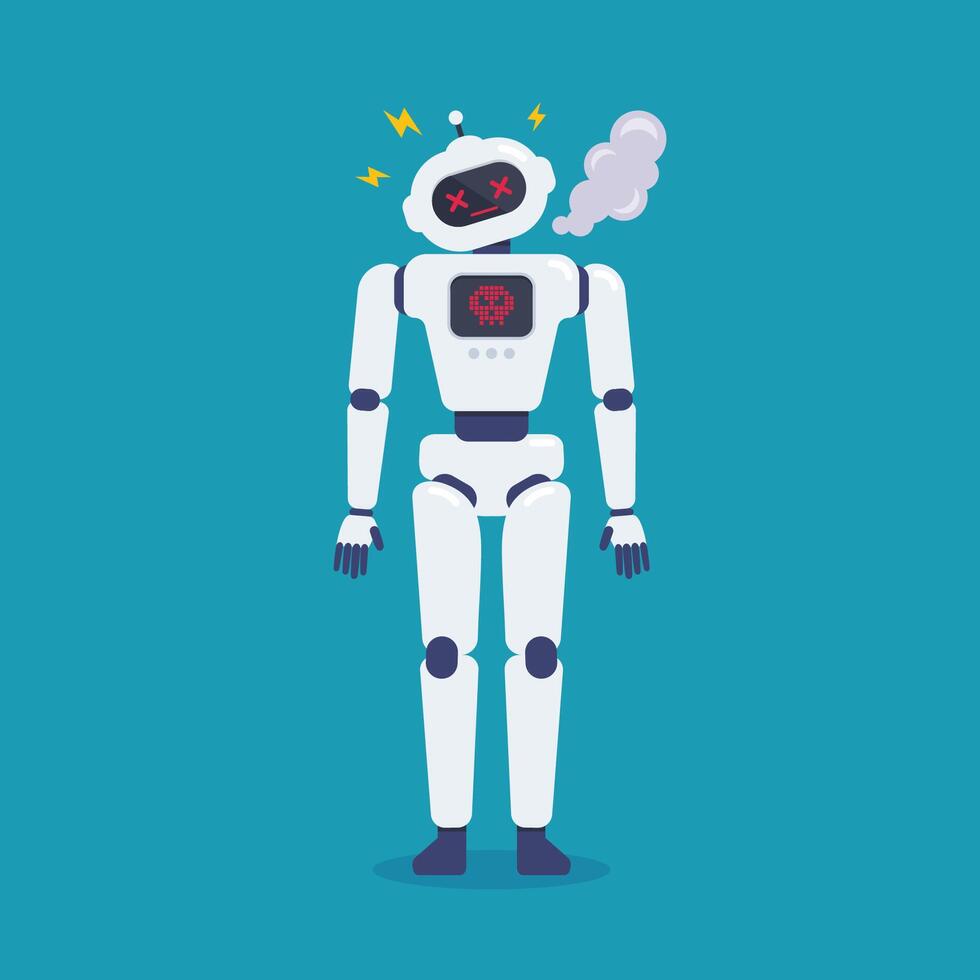 Crash broken error robot with sparkle. Cyborg Technology and Futuristic Intelligence Machine. vector