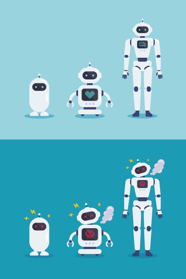 Collection of normal robots and crash broken error robots. vector