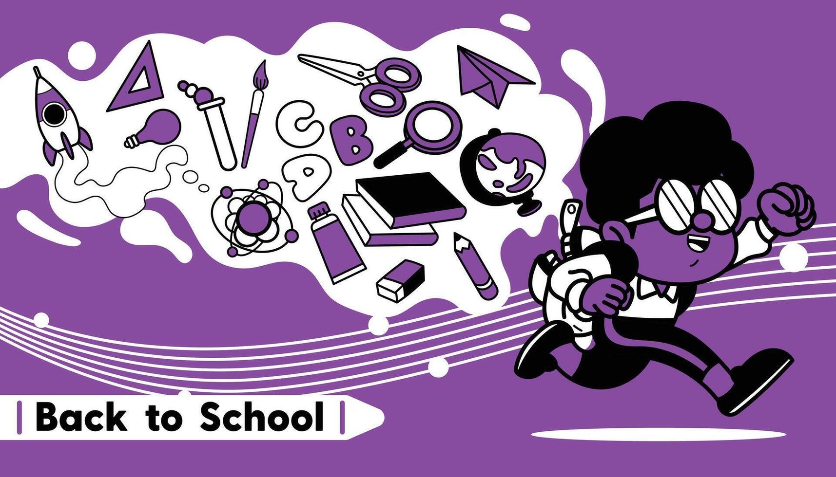 Cartoon Boy happy run with School elements Back to School concept on green background vector