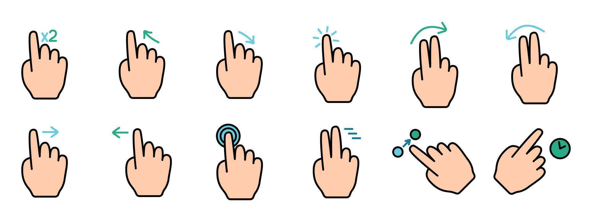 Gesture set icon. Swipe, tap, doubleclick, rotate, pinch, zoom, scroll, gesture, touchscreen, interaction, user interface, hand movement, multitouch, gesture, swipe, pinch, control vector