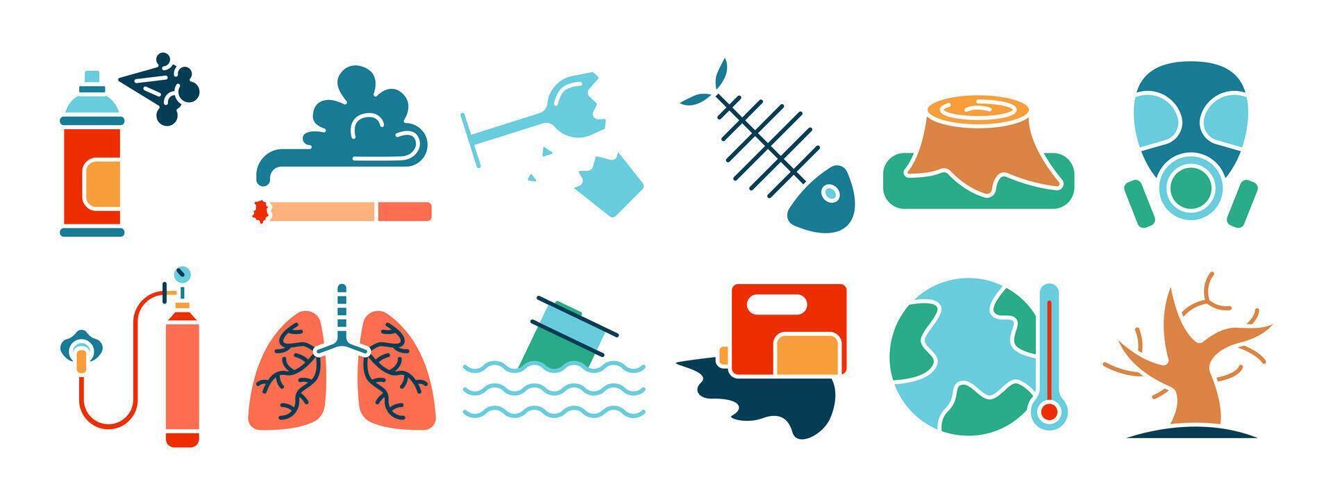 Pollution set icon. Spray can, cigarette smoke, broken glass, fishbone, tree stump, gas mask, oxygen tank, lungs, oil spill, global warming, deforestation. vector
