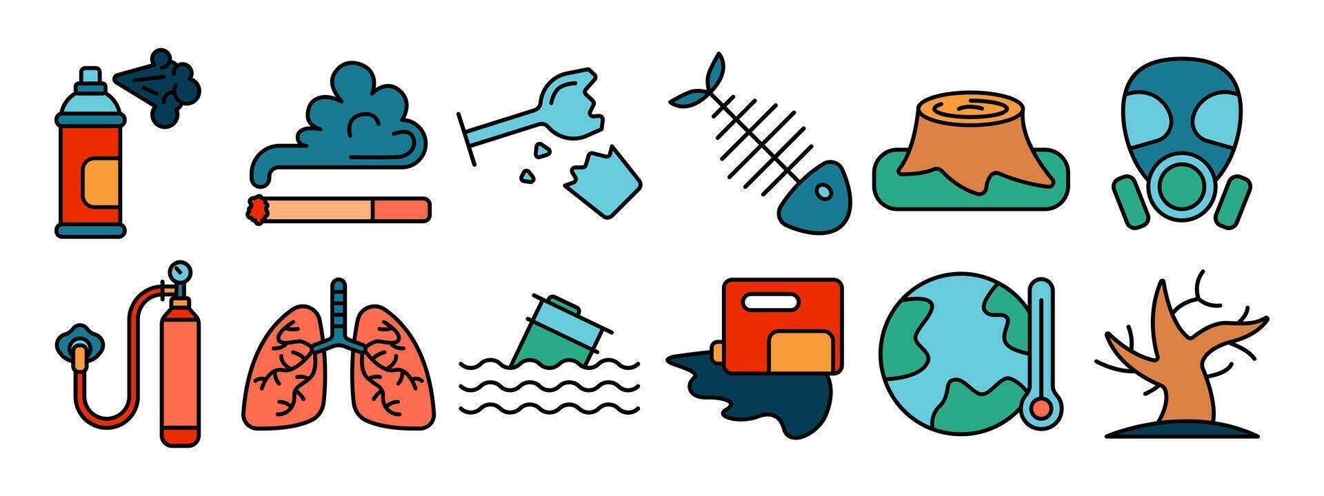 Pollution set icon. Spray can, cigarette smoke, broken glass, fishbone, tree stump, gas mask, oxygen tank, lungs, oil spill, global warming, deforestation. vector